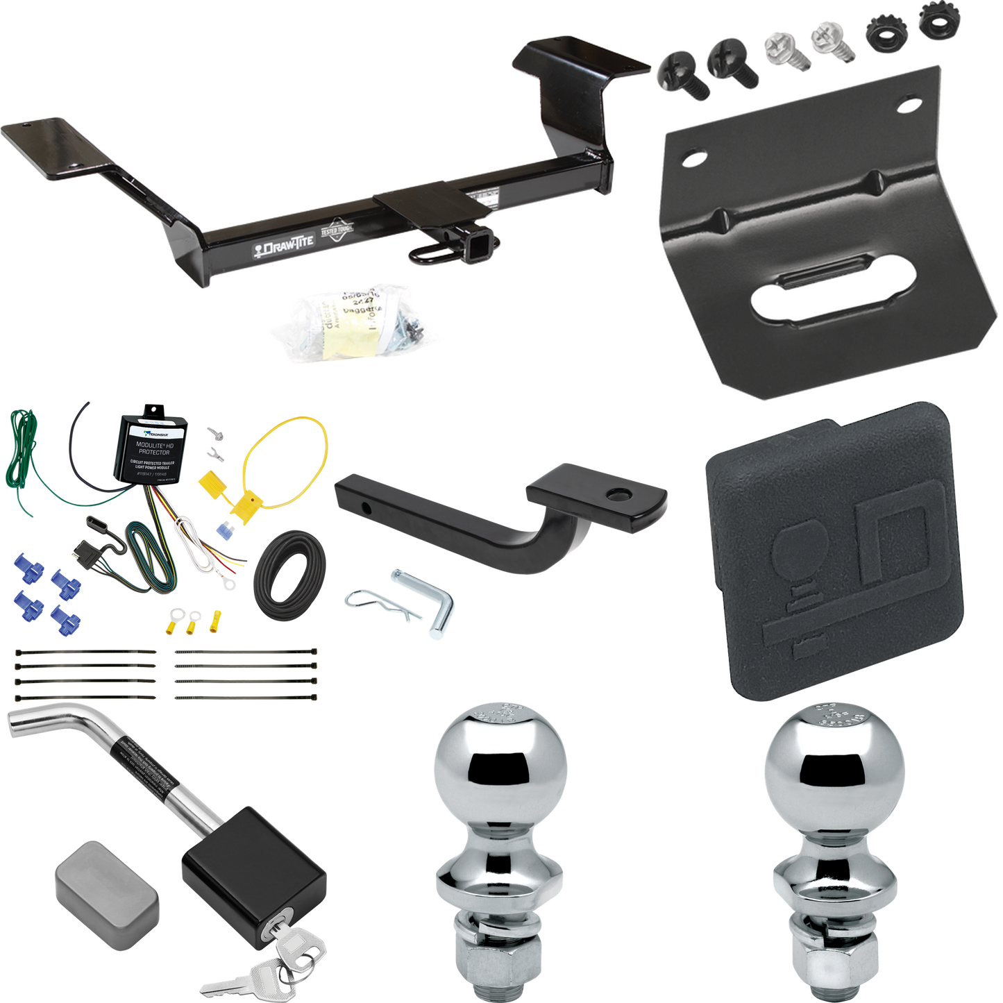 Se adapta al paquete de enganche de remolque Pontiac Bonneville 2000-2005 con arnés de cableado plano de 4 + barra de tracción + bola de 1-7/8" + bola de 2" + soporte de cableado + cubierta de enganche + bloqueo de enganche de Draw-Tite