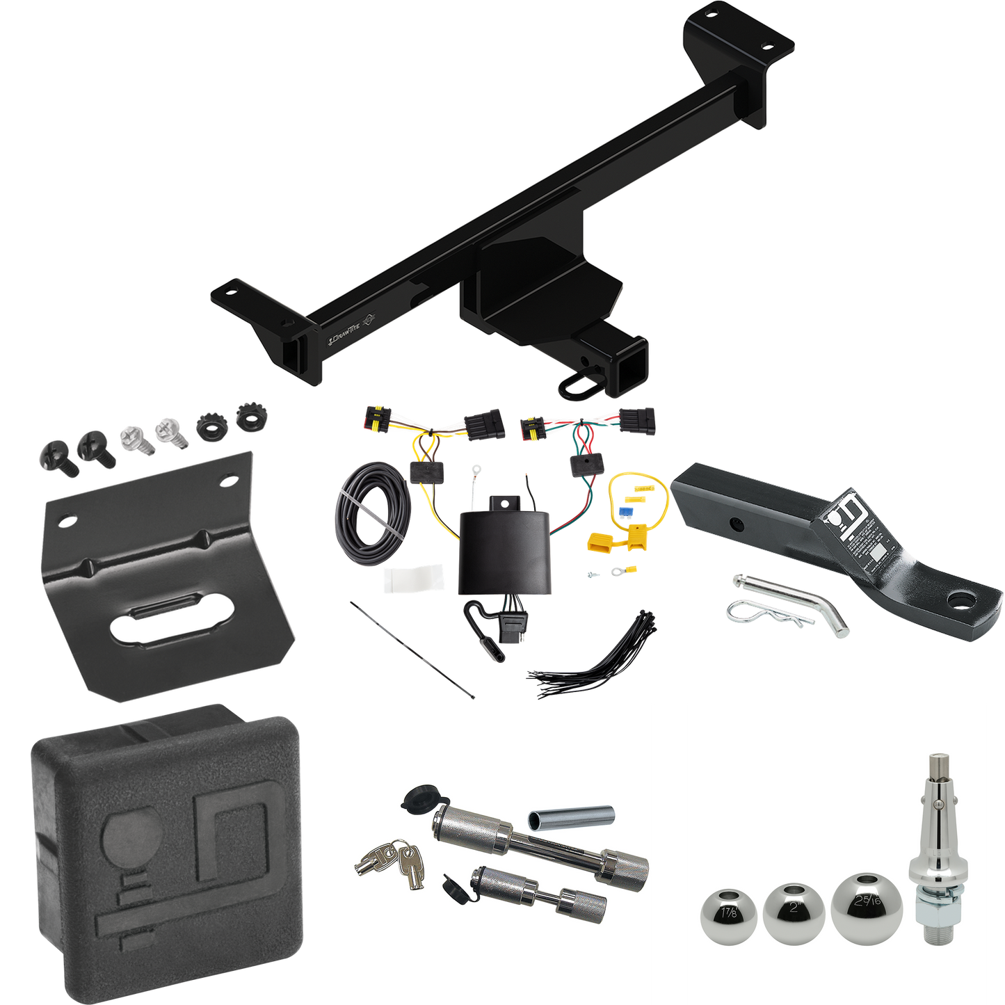 Fits 2019-2022 Infiniti QX50 Trailer Hitch Tow PKG w/ 4-Flat Wiring + Ball Mount w/ 2" Drop + Interchangeable Ball 1-7/8" & 2" & 2-5/16" + Wiring Bracket + Dual Hitch & Coupler Locks + Hitch Cover By Draw-Tite