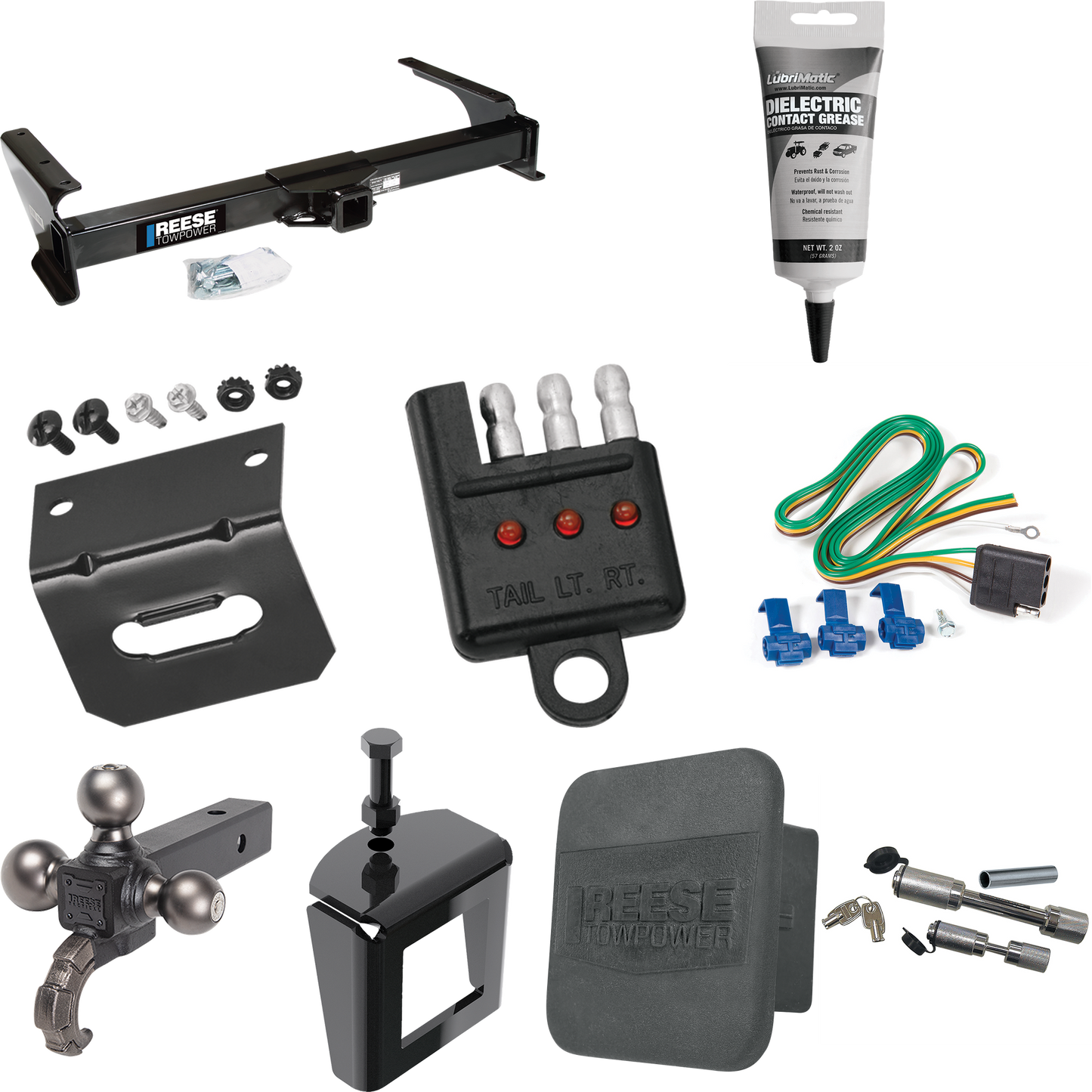 Fits 2003-2007 Ford E-250 Econoline Trailer Hitch Tow PKG w/ 4-Flat Wiring Harness + Triple Ball Ball Mount 1-7/8" & 2" & 2-5/16" Trailer Balls w/ Tow Hook + Dual Hitch & Coupler Locks + Hitch Cover + Wiring Bracket + Wiring Tester + Electric Grease