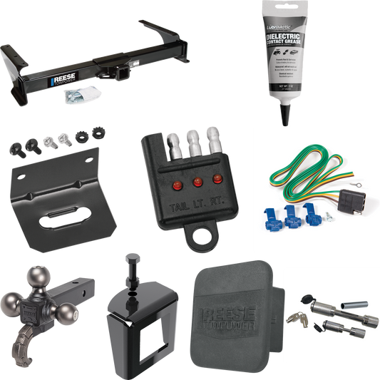 Fits 2003-2007 Ford E-250 Econoline Trailer Hitch Tow PKG w/ 4-Flat Wiring Harness + Triple Ball Ball Mount 1-7/8" & 2" & 2-5/16" Trailer Balls w/ Tow Hook + Dual Hitch & Coupler Locks + Hitch Cover + Wiring Bracket + Wiring Tester + Electric Grease