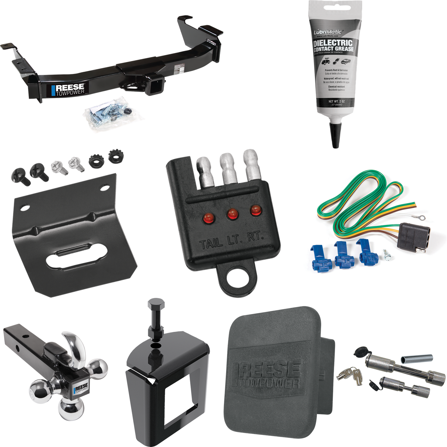 Fits 2003-2007 Ford E-250 Econoline Trailer Hitch Tow PKG w/ 4-Flat Wiring Harness + Triple Ball Ball Mount 1-7/8" & 2" & 2-5/16" Trailer Balls w/ Tow Hook + Dual Hitch & Coupler Locks + Hitch Cover + Wiring Bracket + Wiring Tester + Electric Grease