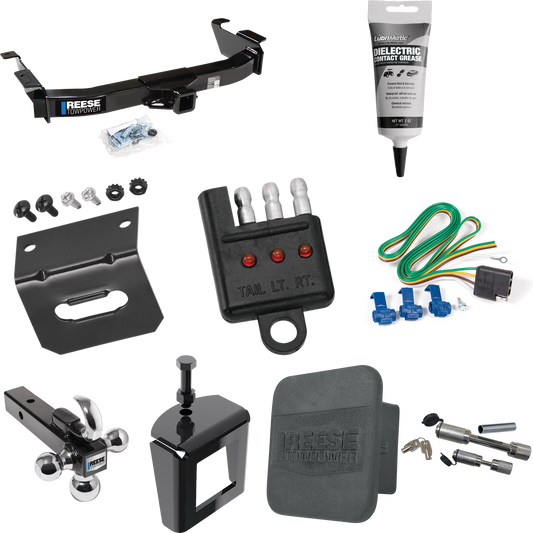 Fits 2003-2007 Ford E-250 Econoline Trailer Hitch Tow PKG w/ 4-Flat Wiring Harness + Triple Ball Ball Mount 1-7/8" & 2" & 2-5/16" Trailer Balls w/ Tow Hook + Dual Hitch & Coupler Locks + Hitch Cover + Wiring Bracket + Wiring Tester + Electric Grease