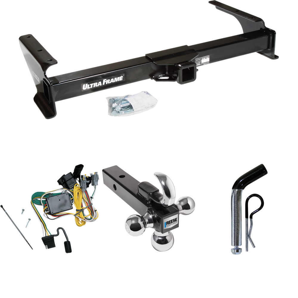 Fits 1992-1994 Ford E-250 Econoline Trailer Hitch Tow PKG w/ 4-Flat Wiring Harness + Triple Ball Ball Mount 1-7/8" & 2" & 2-5/16" Trailer Balls w/ Tow Hook + Pin/Clip By Draw-Tite