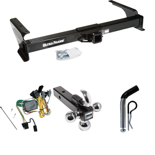 Fits 1992-1994 Ford E-250 Econoline Trailer Hitch Tow PKG w/ 4-Flat Wiring Harness + Triple Ball Ball Mount 1-7/8" & 2" & 2-5/16" Trailer Balls w/ Tow Hook + Pin/Clip By Draw-Tite