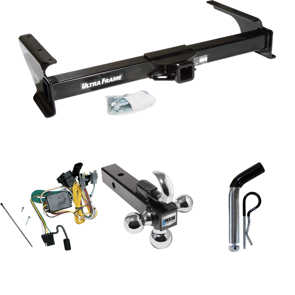Fits 1992-1994 Ford E-150 Econoline Trailer Hitch Tow PKG w/ 4-Flat Wiring Harness + Triple Ball Ball Mount 1-7/8" & 2" & 2-5/16" Trailer Balls w/ Tow Hook + Pin/Clip By Draw-Tite