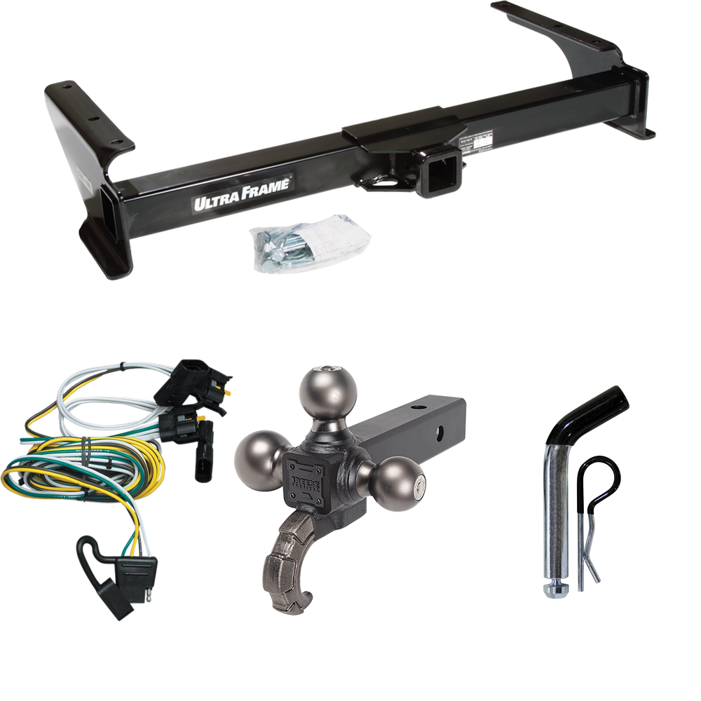 Fits 1995-2002 Ford E-150 Econoline Trailer Hitch Tow PKG w/ 4-Flat Wiring Harness + Triple Ball Ball Mount 1-7/8" & 2" & 2-5/16" Trailer Balls w/ Tow Hook + Pin/Clip By Draw-Tite