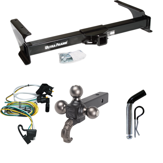 Fits 1995-2002 Ford E-150 Econoline Trailer Hitch Tow PKG w/ 4-Flat Wiring Harness + Triple Ball Ball Mount 1-7/8" & 2" & 2-5/16" Trailer Balls w/ Tow Hook + Pin/Clip By Draw-Tite