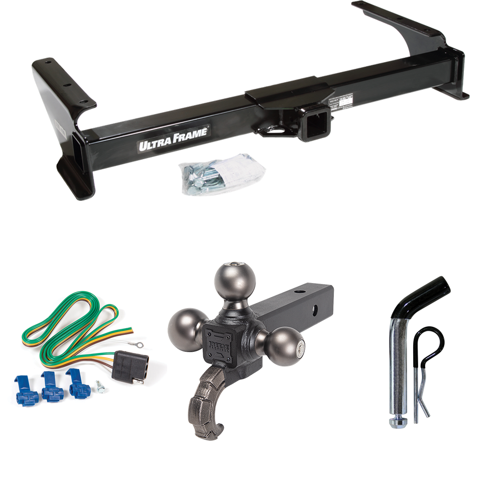 Fits 2003-2007 Ford E-350 Econoline Super Duty Trailer Hitch Tow PKG w/ 4-Flat Wiring Harness + Triple Ball Ball Mount 1-7/8" & 2" & 2-5/16" Trailer Balls w/ Tow Hook + Pin/Clip By Draw-Tite