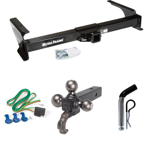 Fits 2003-2007 Ford E-350 Econoline Super Duty Trailer Hitch Tow PKG w/ 4-Flat Wiring Harness + Triple Ball Ball Mount 1-7/8" & 2" & 2-5/16" Trailer Balls w/ Tow Hook + Pin/Clip By Draw-Tite