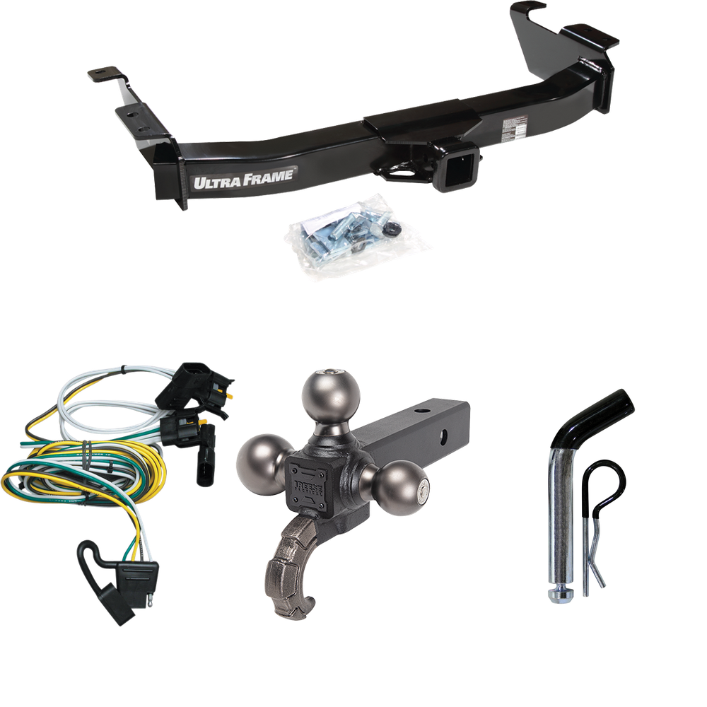 Fits 2000-2002 Ford E-150 Econoline Trailer Hitch Tow PKG w/ 4-Flat Wiring Harness + Triple Ball Ball Mount 1-7/8" & 2" & 2-5/16" Trailer Balls w/ Tow Hook + Pin/Clip By Draw-Tite