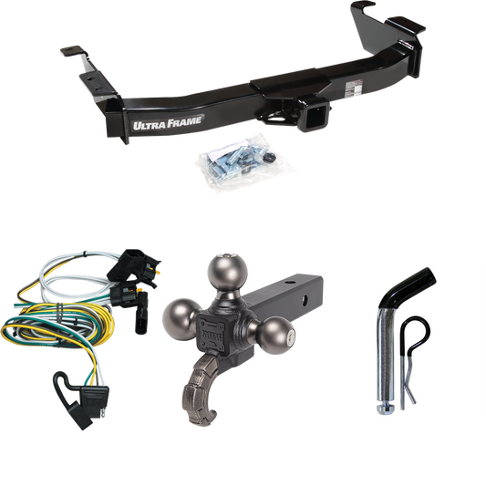 Fits 2000-2002 Ford E-150 Econoline Trailer Hitch Tow PKG w/ 4-Flat Wiring Harness + Triple Ball Ball Mount 1-7/8" & 2" & 2-5/16" Trailer Balls w/ Tow Hook + Pin/Clip By Draw-Tite