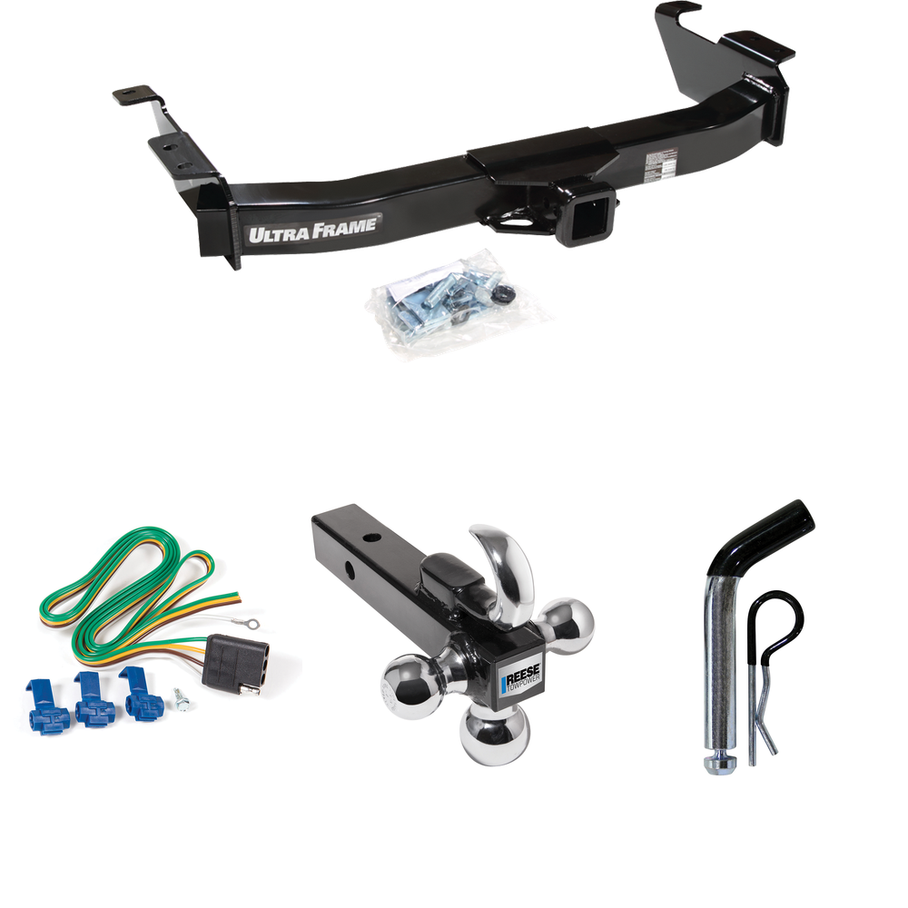 Fits 2003-2007 Ford E-250 Econoline Trailer Hitch Tow PKG w/ 4-Flat Wiring Harness + Triple Ball Ball Mount 1-7/8" & 2" & 2-5/16" Trailer Balls w/ Tow Hook + Pin/Clip By Draw-Tite