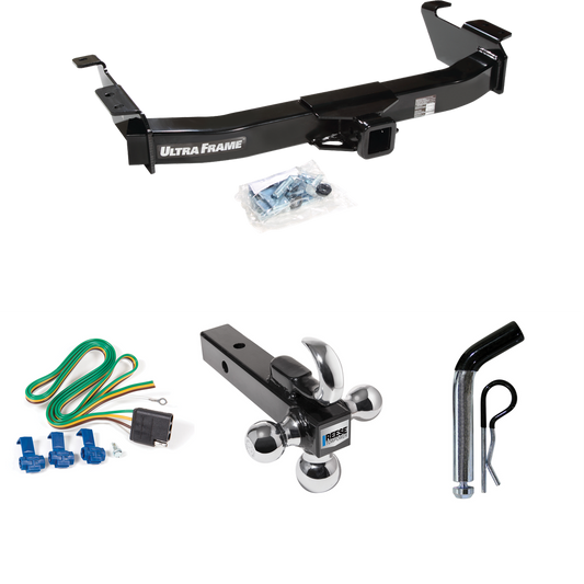 Fits 2003-2007 Ford E-250 Econoline Trailer Hitch Tow PKG w/ 4-Flat Wiring Harness + Triple Ball Ball Mount 1-7/8" & 2" & 2-5/16" Trailer Balls w/ Tow Hook + Pin/Clip By Draw-Tite