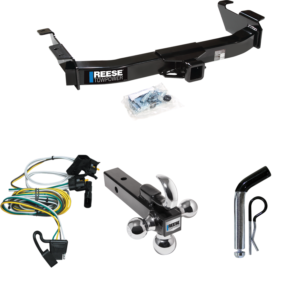 Fits 2000-2002 Ford E-150 Econoline Trailer Hitch Tow PKG w/ 4-Flat Wiring Harness + Triple Ball Ball Mount 1-7/8" & 2" & 2-5/16" Trailer Balls w/ Tow Hook + Pin/Clip By Reese Towpower