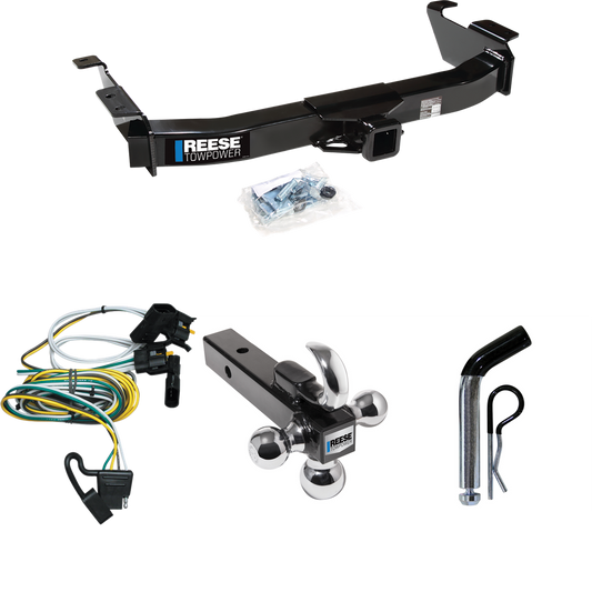 Fits 2000-2002 Ford E-150 Econoline Trailer Hitch Tow PKG w/ 4-Flat Wiring Harness + Triple Ball Ball Mount 1-7/8" & 2" & 2-5/16" Trailer Balls w/ Tow Hook + Pin/Clip By Reese Towpower
