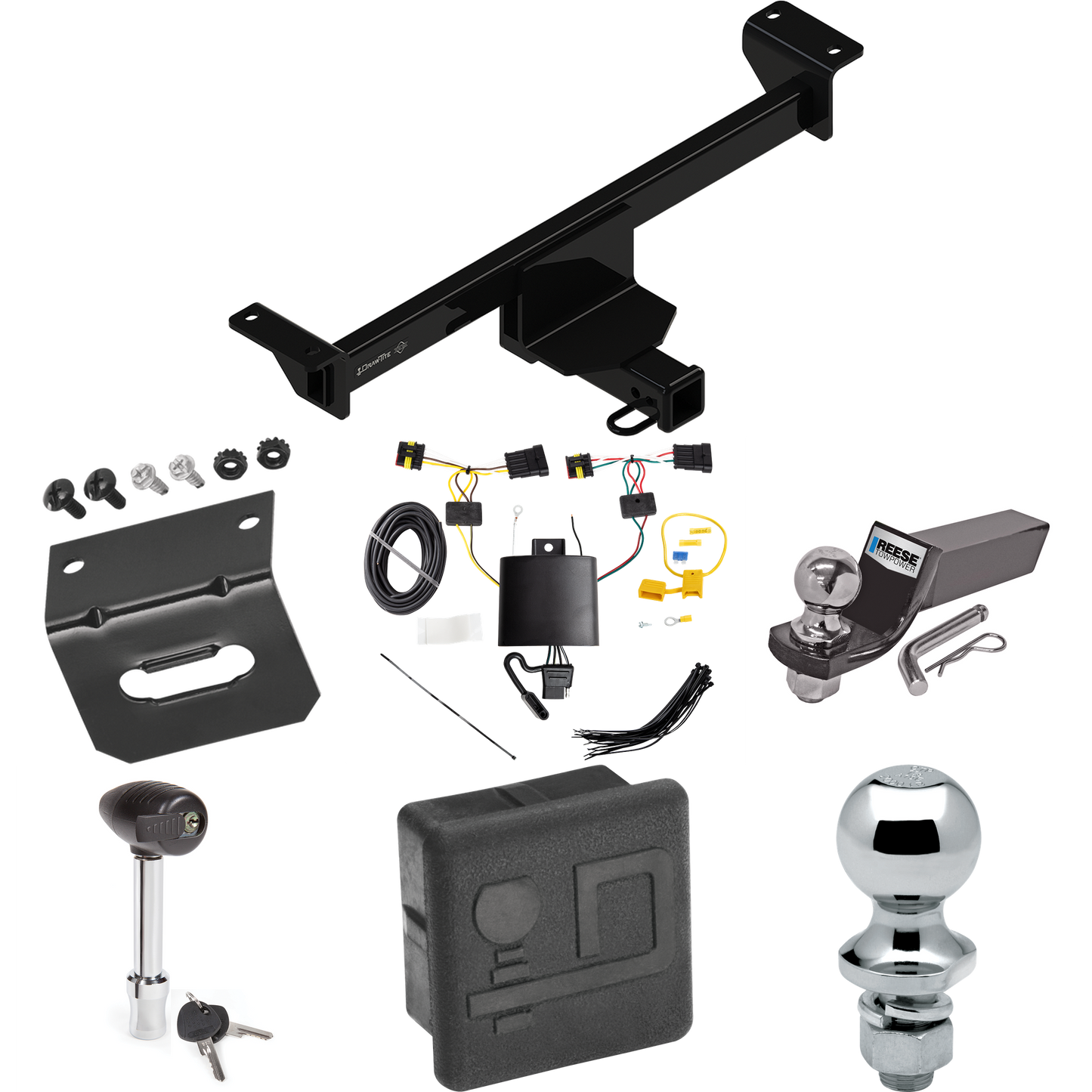 Fits 2019-2022 Infiniti QX50 Trailer Hitch Tow PKG w/ 4-Flat Wiring + Starter Kit Ball Mount w/ 2" Drop & 2" Ball + 1-7/8" Ball + Wiring Bracket + Hitch Lock + Hitch Cover By Draw-Tite