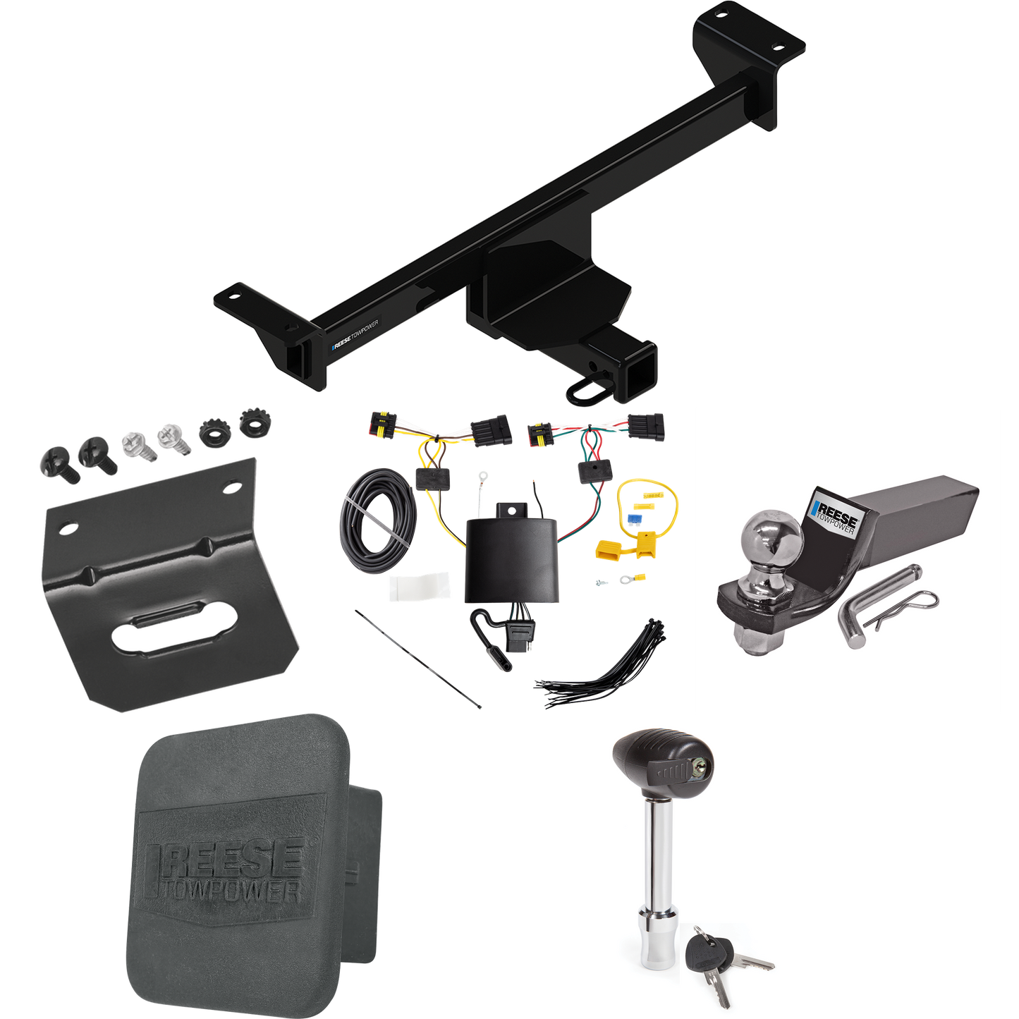 Fits 2019-2022 Infiniti QX50 Trailer Hitch Tow PKG w/ 4-Flat Wiring + Starter Kit Ball Mount w/ 2" Drop & 2" Ball + 1-7/8" Ball + Wiring Bracket + Hitch Lock + Hitch Cover By Reese Towpower