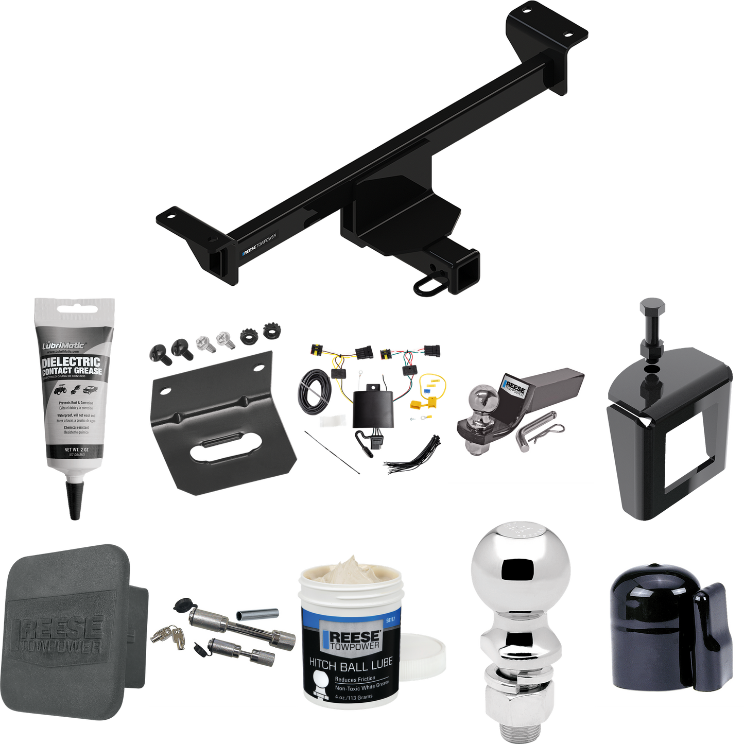 Fits 2019-2022 Infiniti QX50 Trailer Hitch Tow PKG w/ 4-Flat Wiring + Starter Kit Ball Mount w/ 2" Drop & 2" Ball + 2-5/16" Ball + Wiring Bracket + Dual Hitch & Coupler Locks + Hitch Cover + Wiring Tester + Ball Lube +Electric Grease + Ball Wrench +