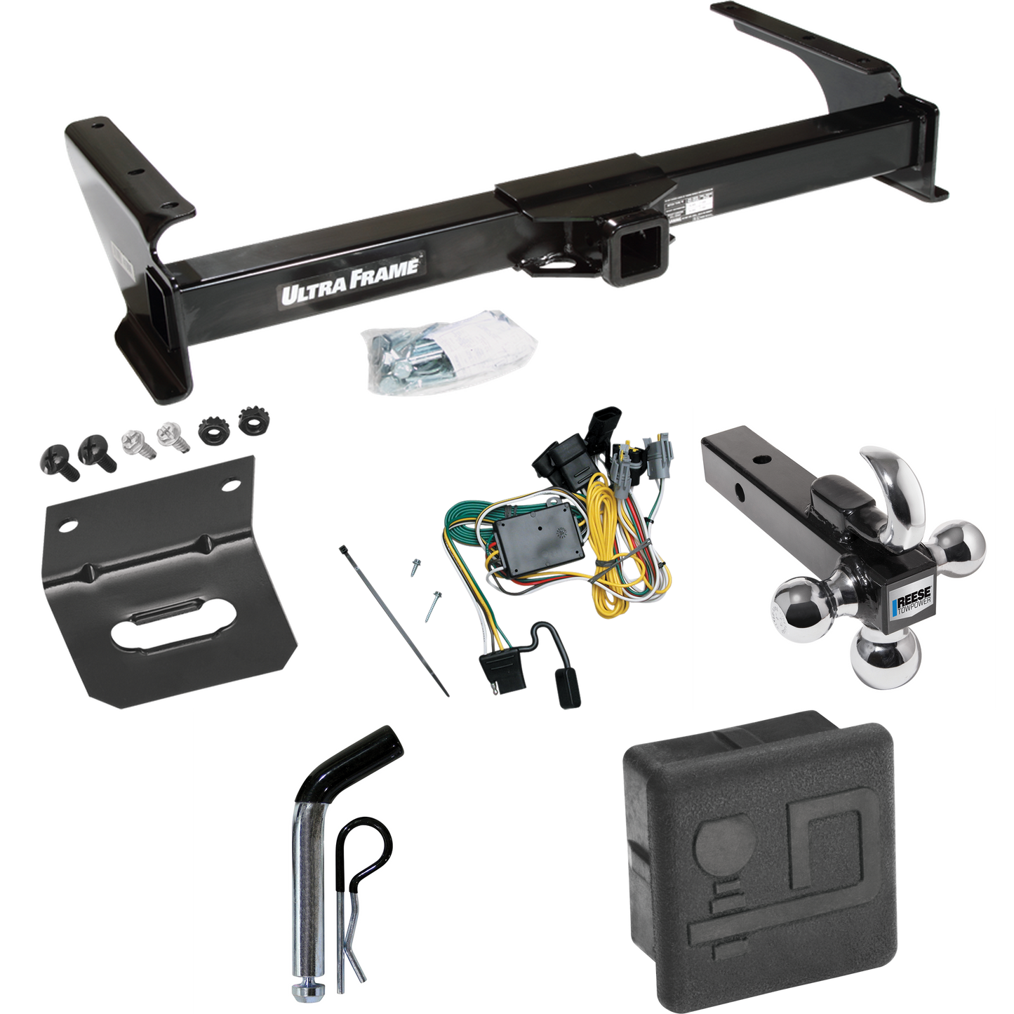 Fits 1992-1994 Ford E-350 Econoline Trailer Hitch Tow PKG w/ 4-Flat Wiring Harness + Triple Ball Ball Mount 1-7/8" & 2" & 2-5/16" Trailer Balls w/ Tow Hook + Pin/Clip + Hitch Cover + Wiring Bracket By Draw-Tite