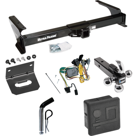 Fits 1992-1994 Ford E-350 Econoline Trailer Hitch Tow PKG w/ 4-Flat Wiring Harness + Triple Ball Ball Mount 1-7/8" & 2" & 2-5/16" Trailer Balls w/ Tow Hook + Pin/Clip + Hitch Cover + Wiring Bracket By Draw-Tite