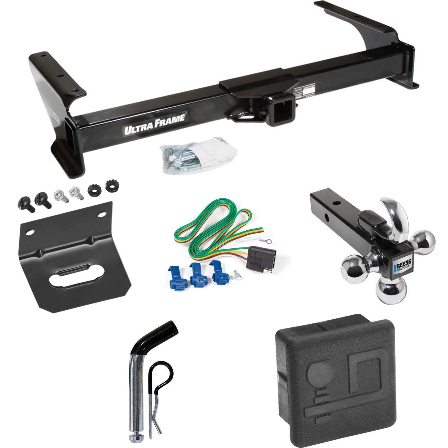 Fits 2003-2007 Ford E-250 Econoline Trailer Hitch Tow PKG w/ 4-Flat Wiring Harness + Triple Ball Ball Mount 1-7/8" & 2" & 2-5/16" Trailer Balls w/ Tow Hook + Pin/Clip + Hitch Cover + Wiring Bracket By Draw-Tite