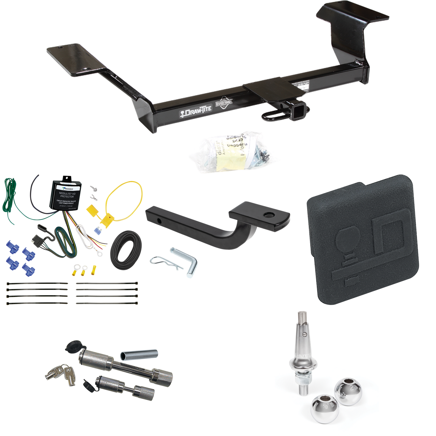 Fits 2000-2005 Pontiac Bonneville Trailer Hitch Tow PKG w/ 4-Flat Wiring Harness + Draw-Bar + Interchangeable 1-7/8" & 2" Balls + Hitch Cover + Dual Hitch & Coupler Locks By Draw-Tite