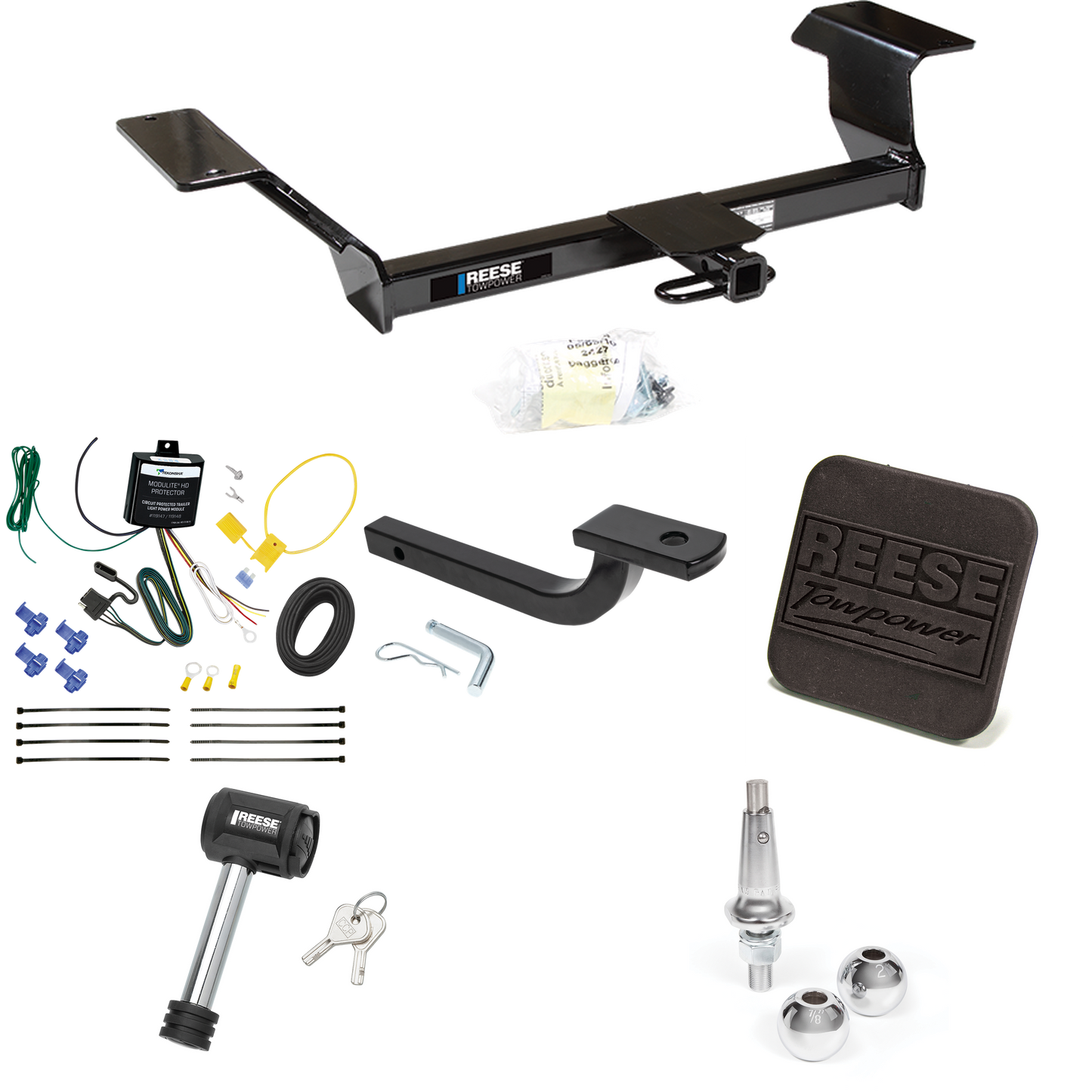 Fits 2000-2005 Pontiac Bonneville Trailer Hitch Tow PKG w/ 4-Flat Wiring Harness + Draw-Bar + Interchangeable 1-7/8" & 2" Balls + Hitch Cover + Hitch Lock By Reese Towpower