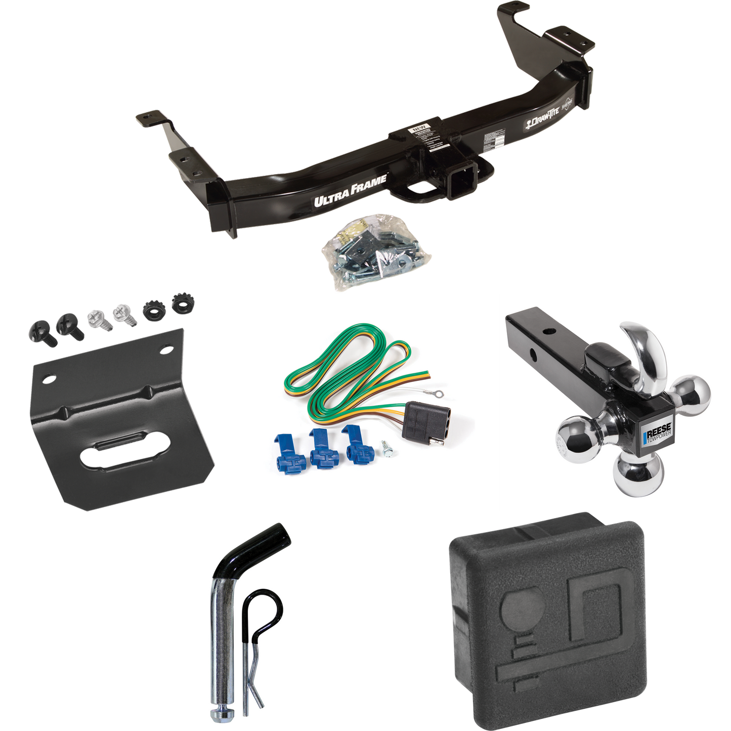 Fits 2003-2007 Ford E-250 Econoline Trailer Hitch Tow PKG w/ 4-Flat Wiring Harness + Triple Ball Ball Mount 1-7/8" & 2" & 2-5/16" Trailer Balls w/ Tow Hook + Pin/Clip + Hitch Cover + Wiring Bracket By Draw-Tite