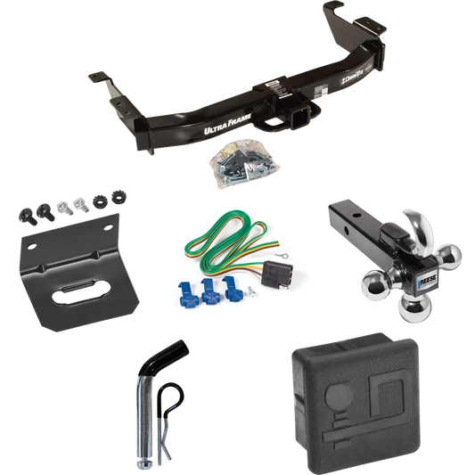 Fits 2003-2007 Ford E-250 Econoline Trailer Hitch Tow PKG w/ 4-Flat Wiring Harness + Triple Ball Ball Mount 1-7/8" & 2" & 2-5/16" Trailer Balls w/ Tow Hook + Pin/Clip + Hitch Cover + Wiring Bracket By Draw-Tite