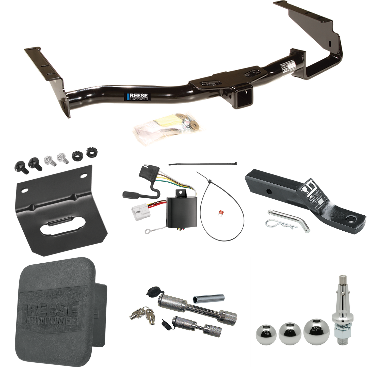 Fits 2004-2007 Toyota Highlander Trailer Hitch Tow PKG w/ 4-Flat Wiring + Ball Mount w/ 2" Drop + Interchangeable Ball 1-7/8" & 2" & 2-5/16" + Wiring Bracket + Dual Hitch & Coupler Locks + Hitch Cover By Reese Towpower