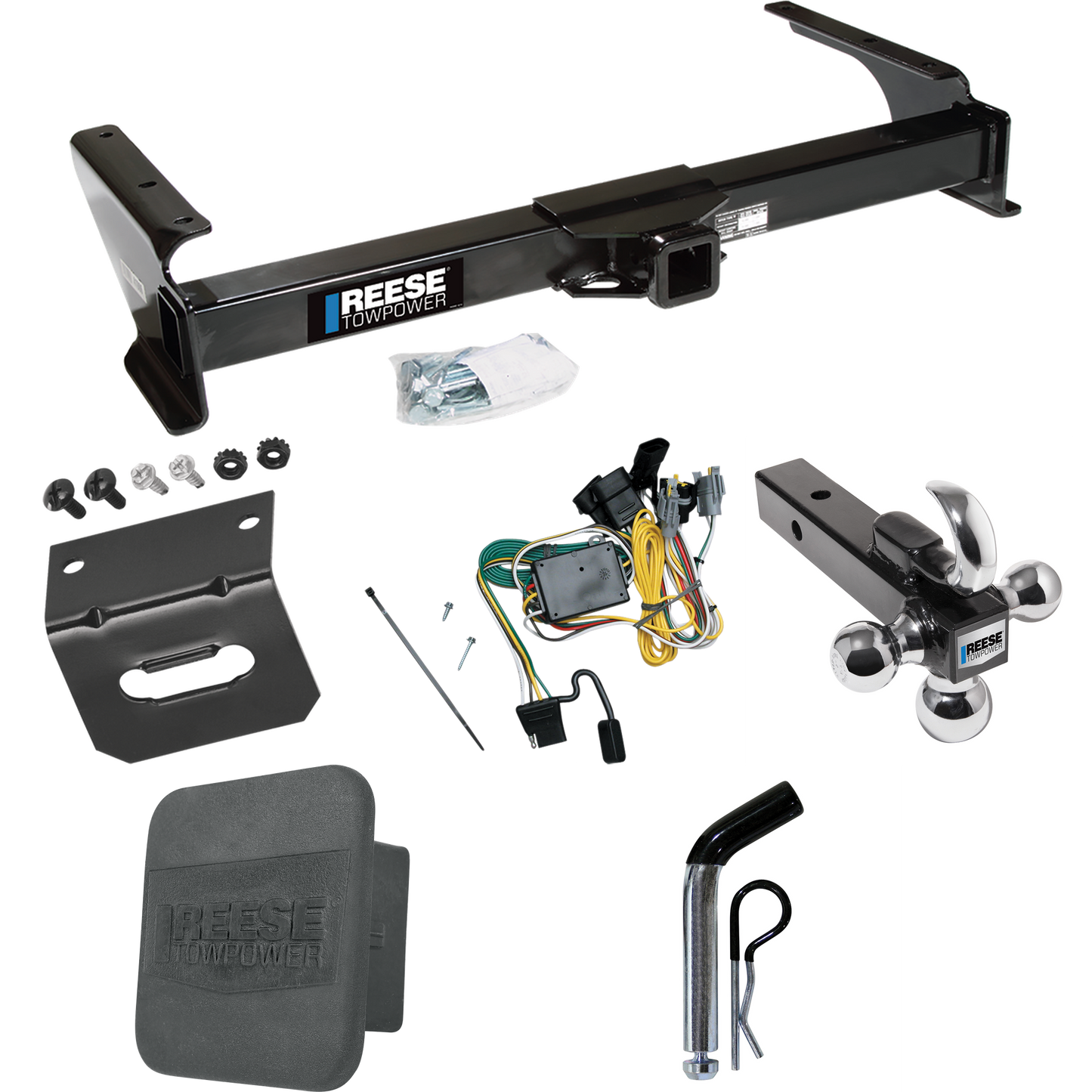 Fits 1992-1994 Ford E-250 Econoline Trailer Hitch Tow PKG w/ 4-Flat Wiring Harness + Triple Ball Ball Mount 1-7/8" & 2" & 2-5/16" Trailer Balls w/ Tow Hook + Pin/Clip + Hitch Cover + Wiring Bracket By Reese Towpower