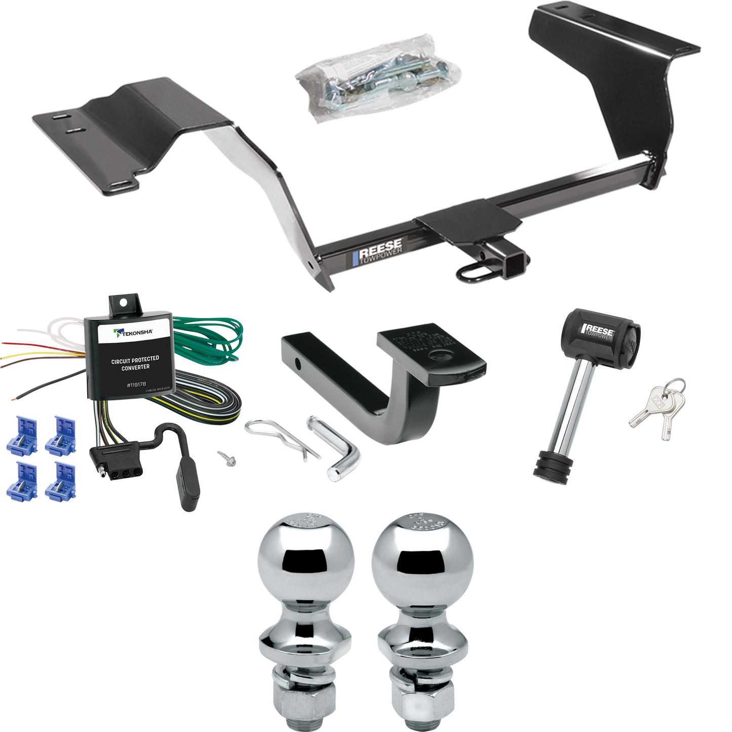 Se adapta al paquete de enganche de remolque Saturn Ion Red Line 2004-2006 con arnés de cableado de 4 planos + barra de tracción + bola de 1-7/8" + 2" + bloqueo de enganche de Reese Towpower