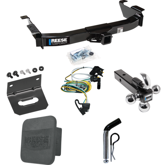 Fits 2000-2002 Ford E-150 Econoline Trailer Hitch Tow PKG w/ 4-Flat Wiring Harness + Triple Ball Ball Mount 1-7/8" & 2" & 2-5/16" Trailer Balls w/ Tow Hook + Pin/Clip + Hitch Cover + Wiring Bracket By Reese Towpower