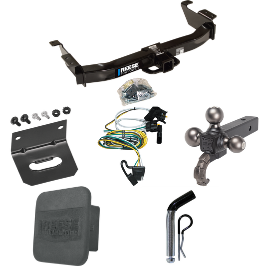 Fits 2000-2002 Ford E-350 Econoline Trailer Hitch Tow PKG w/ 4-Flat Wiring Harness + Triple Ball Ball Mount 1-7/8" & 2" & 2-5/16" Trailer Balls w/ Tow Hook + Pin/Clip + Hitch Cover + Wiring Bracket By Reese Towpower