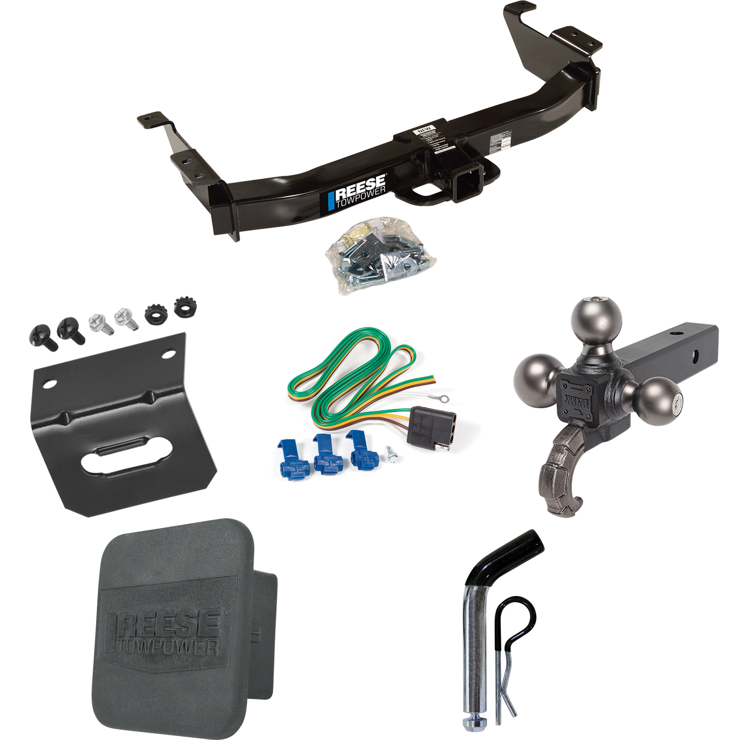 Fits 2003-2007 Ford E-350 Econoline Super Duty Trailer Hitch Tow PKG w/ 4-Flat Wiring Harness + Triple Ball Ball Mount 1-7/8" & 2" & 2-5/16" Trailer Balls w/ Tow Hook + Pin/Clip + Hitch Cover + Wiring Bracket By Reese Towpower