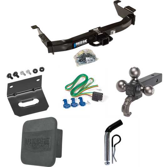 Fits 2003-2007 Ford E-350 Econoline Super Duty Trailer Hitch Tow PKG w/ 4-Flat Wiring Harness + Triple Ball Ball Mount 1-7/8" & 2" & 2-5/16" Trailer Balls w/ Tow Hook + Pin/Clip + Hitch Cover + Wiring Bracket By Reese Towpower