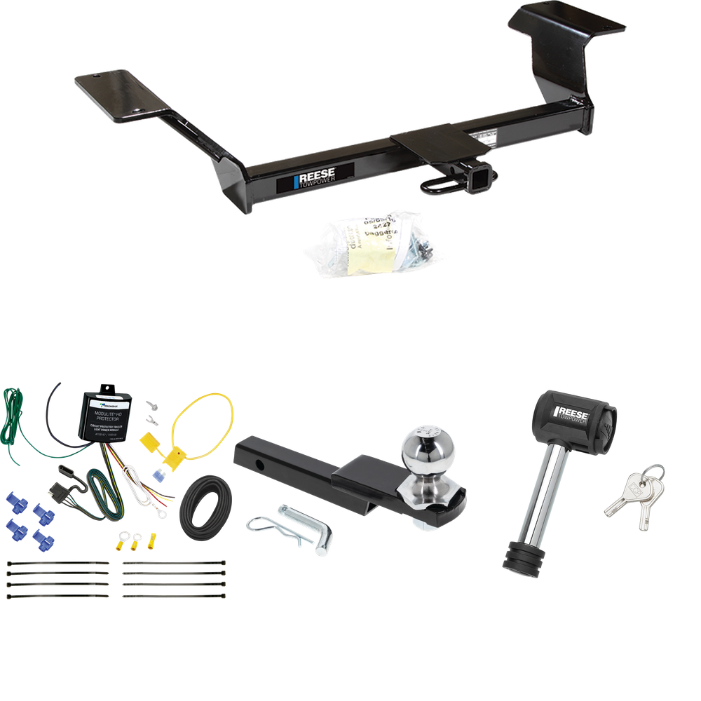 Se adapta al paquete de enganche de remolque Pontiac Bonneville 2000-2005 con arnés de cableado plano de 4 + kit de inicio de enclavamiento con bola de 2 pulgadas, caída de 1-1/4 pulgadas, elevación de 3/4 pulgadas + bloqueo de enganche de Reese Towpower