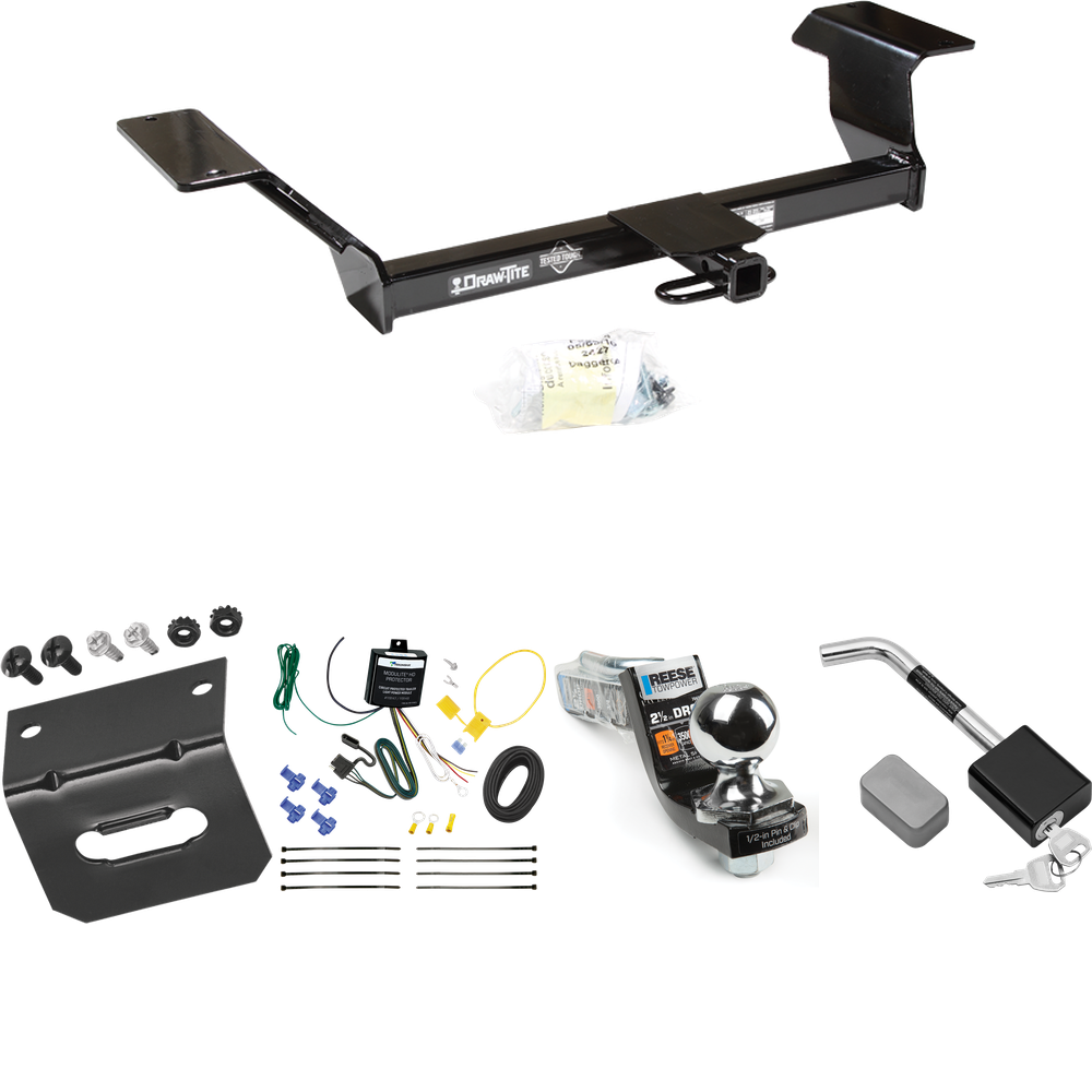 Fits 2001-2003 Oldsmobile Aurora Trailer Hitch Tow PKG w/ 4-Flat Wiring Harness + Interlock Starter Kit w/ 2" Ball 2-1/2" Drop 2" Rise + Wiring Bracket + Hitch Lock By Draw-Tite