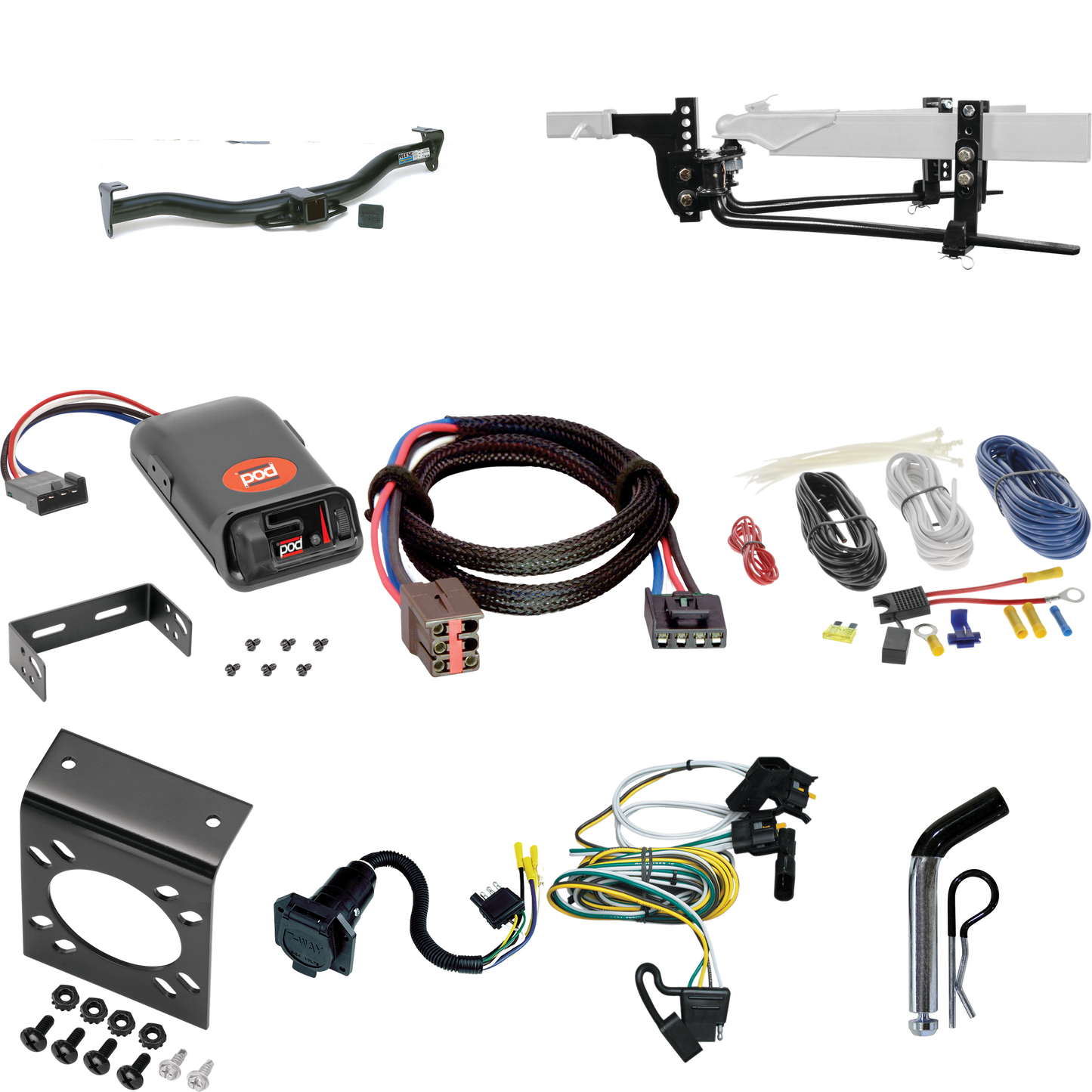 Fits 1995-2002 Ford E-250 Econoline Trailer Hitch Tow PKG w/ 6K Round Bar Weight Distribution Hitch w/ 2-5/16" Ball + Pin/Clip + Pro Series POD Brake Control + Plug & Play BC Adapter + 7-Way RV Wiring By Reese Towpower