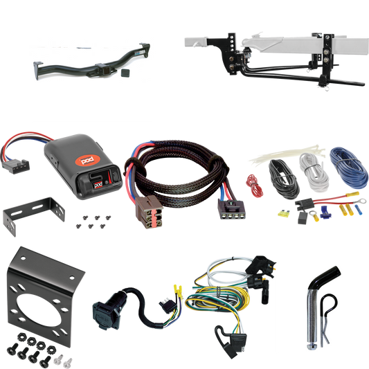 Fits 1995-2002 Ford E-250 Econoline Trailer Hitch Tow PKG w/ 6K Round Bar Weight Distribution Hitch w/ 2-5/16" Ball + Pin/Clip + Pro Series POD Brake Control + Plug & Play BC Adapter + 7-Way RV Wiring By Reese Towpower