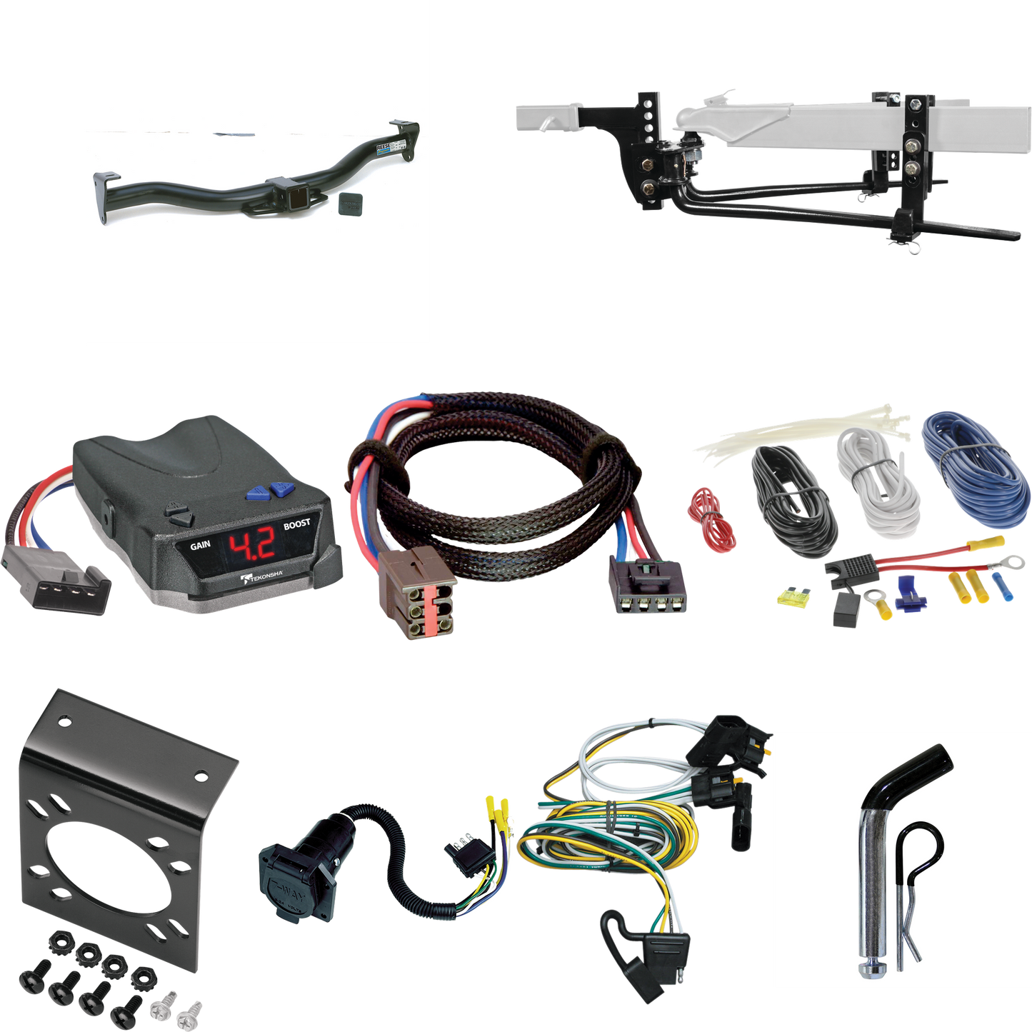 Fits 1995-2000 Ford E-350 Econoline Trailer Hitch Tow PKG w/ 6K Round Bar Weight Distribution Hitch w/ 2-5/16" Ball + Pin/Clip + Tekonsha BRAKE-EVN Brake Control + Plug & Play BC Adapter + 7-Way RV Wiring By Reese Towpower