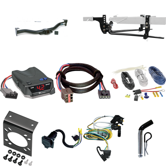 Fits 1995-2000 Ford E-350 Econoline Trailer Hitch Tow PKG w/ 6K Round Bar Weight Distribution Hitch w/ 2-5/16" Ball + Pin/Clip + Tekonsha BRAKE-EVN Brake Control + Plug & Play BC Adapter + 7-Way RV Wiring By Reese Towpower