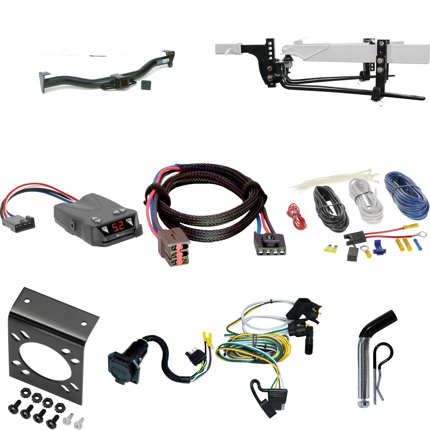 Fits 1995-2002 Ford E-150 Econoline Trailer Hitch Tow PKG w/ 6K Round Bar Weight Distribution Hitch w/ 2-5/16" Ball + Pin/Clip + Tekonsha Brakeman IV Brake Control + Plug & Play BC Adapter + 7-Way RV Wiring By Reese Towpower