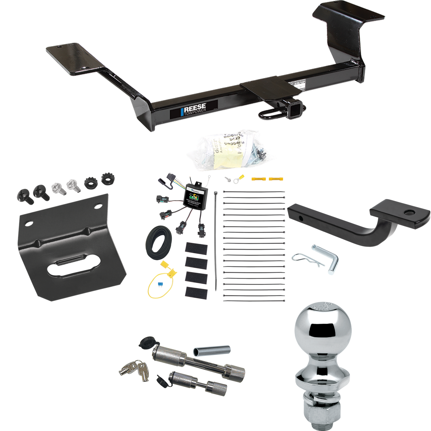 Fits 2001-2003 Oldsmobile Aurora Trailer Hitch Tow PKG w/ 4-Flat Zero Contact "No Splice" Wiring Harness + Draw-Bar + 1-7/8" Ball + Wiring Bracket + Dual Hitch & Coupler Locks By Reese Towpower