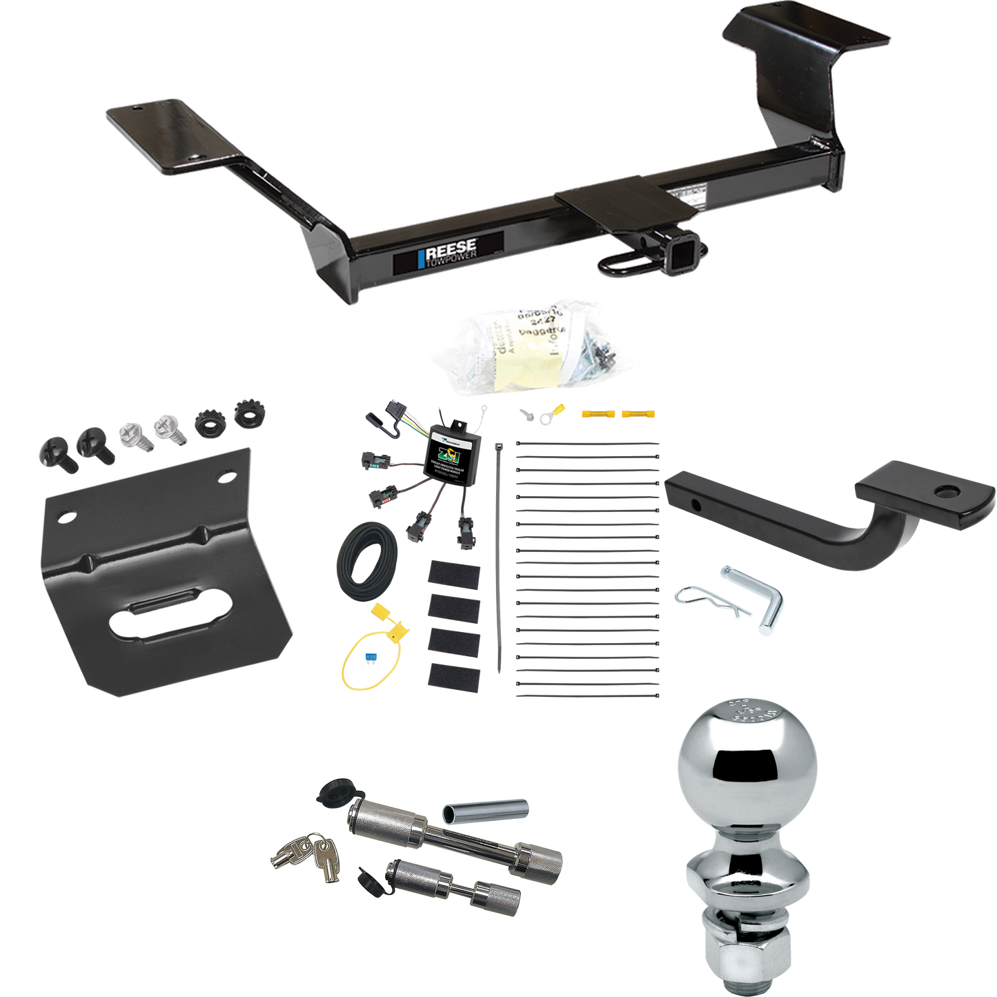 Se adapta al paquete de enganche de remolque Pontiac Bonneville 2000-2005 con arnés de cableado de 4 contactos planos "sin empalme" + barra de tracción + bola de 2" + soporte de cableado + enganche doble y cerraduras de acoplador de Reese Towpower