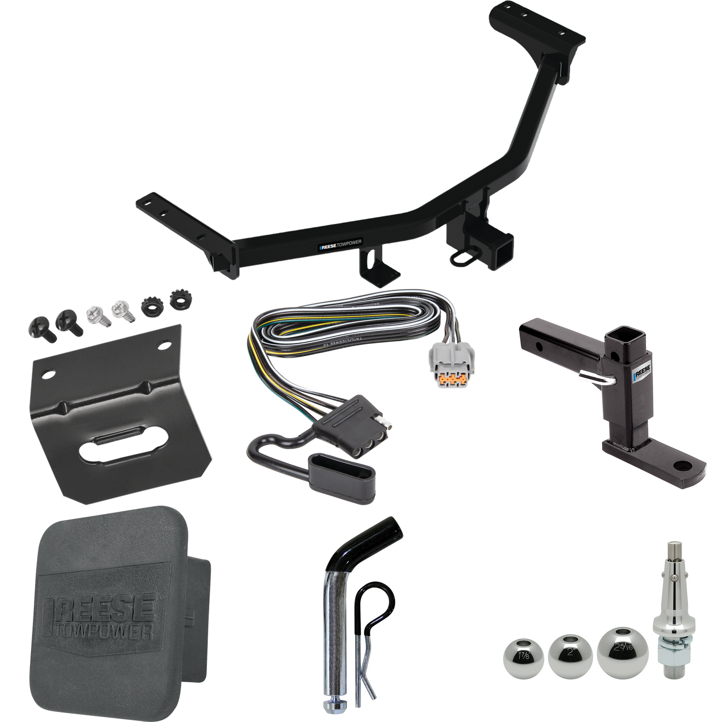 Fits 2022-2022 Infiniti QX60 Trailer Hitch Tow PKG w/ 4-Flat Wiring + Adjustable Drop Rise Ball Mount + Pin/Clip + Inerchangeable 1-7/8" & 2" & 2-5/16" Balls + Wiring Bracket + Hitch Cover (For w/Factory Tow Package Models) By Reese Towpower