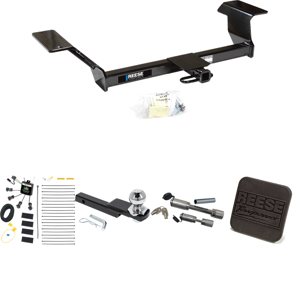 Fits 2001-2003 Oldsmobile Aurora Trailer Hitch Tow PKG w/ 4-Flat Zero Contact "No Splice" Wiring Harness + Interlock Starter Kit w/ 2" Ball 1-1/4" Drop 3/4" Rise + Hitch Cover + Dual Hitch & Coupler Locks By Reese Towpower