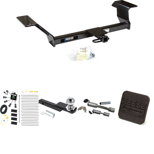 Fits 2001-2003 Oldsmobile Aurora Trailer Hitch Tow PKG w/ 4-Flat Zero Contact "No Splice" Wiring Harness + Interlock Starter Kit w/ 2" Ball 1-1/4" Drop 3/4" Rise + Hitch Cover + Dual Hitch & Coupler Locks By Reese Towpower