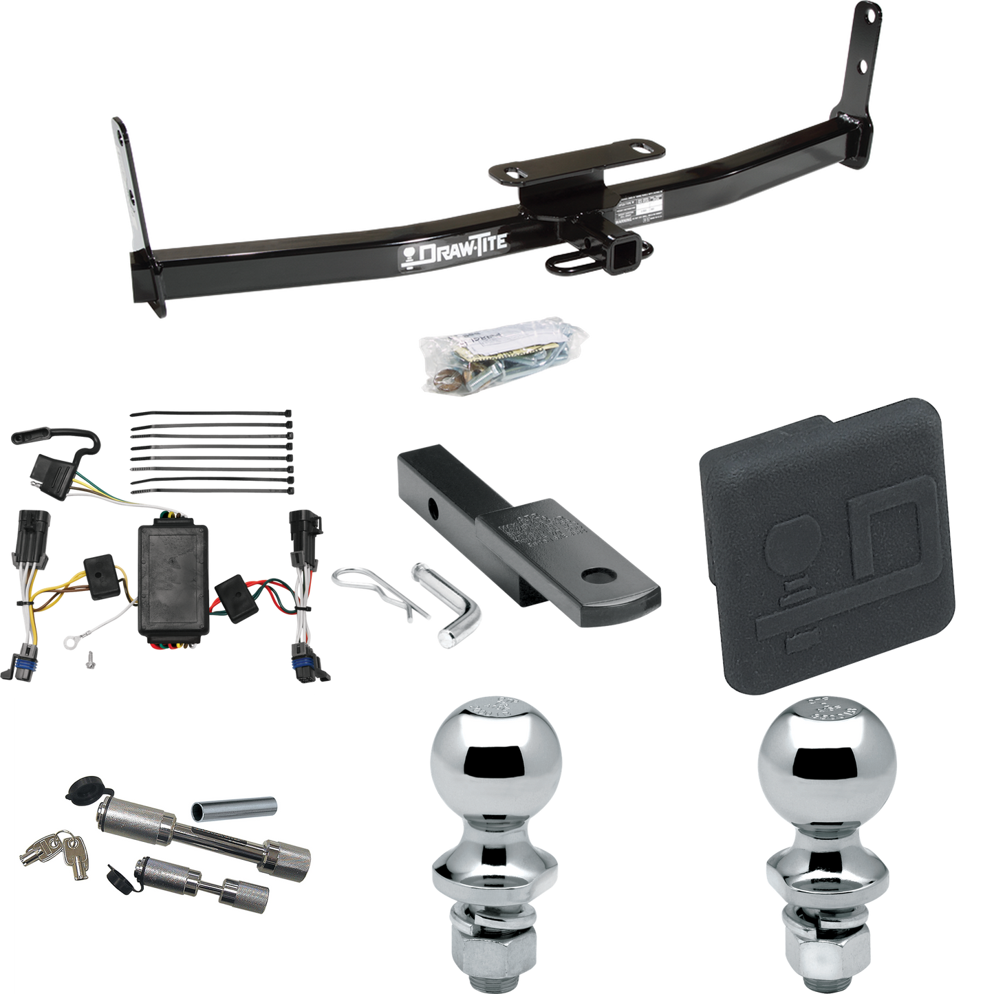 Fits 2002-2007 Saturn Vue Trailer Hitch Tow PKG w/ 4-Flat Wiring Harness + Draw-Bar + 1-7/8" + 2" Ball + Hitch Cover + Dual Hitch & Coupler Locks (Excludes: Redline Models) By Draw-Tite