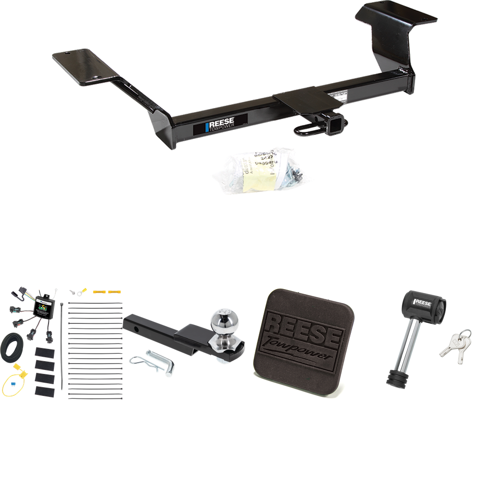 Fits 2000-2005 Pontiac Bonneville Trailer Hitch Tow PKG w/ 4-Flat Zero Contact "No Splice" Wiring Harness + Interlock Starter Kit w/ 2" Ball 1-1/4" Drop 3/4" Rise + Hitch Cover + Hitch Lock By Reese Towpower